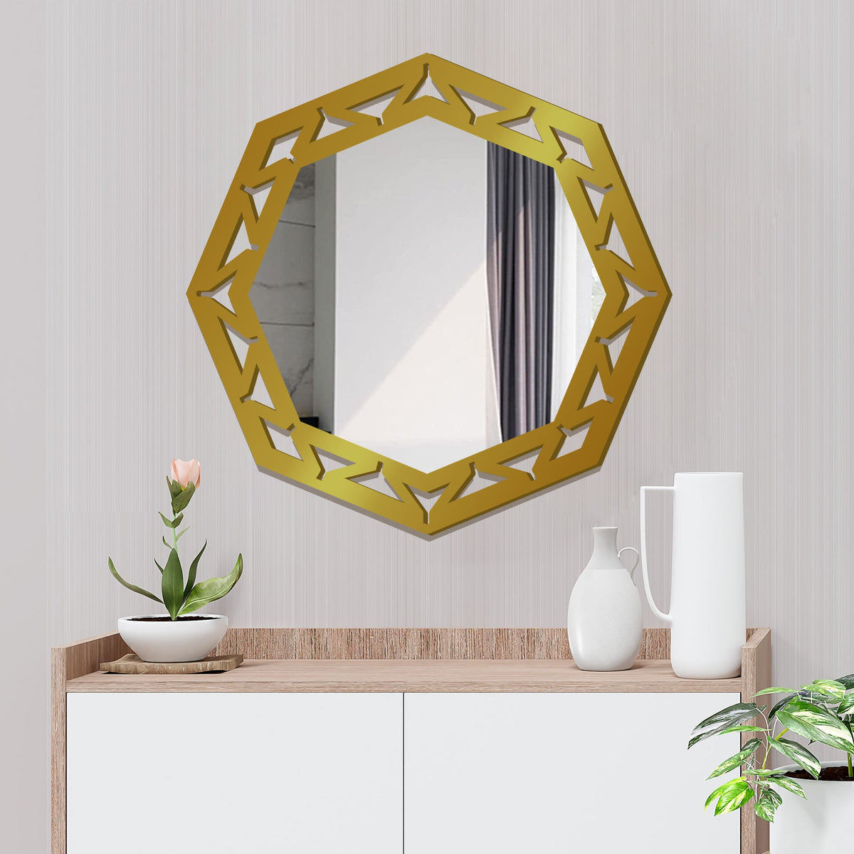 Hexagonal Shape Modern Decorative Wooden Wall Mirror With Gold Texture - Decor Smart