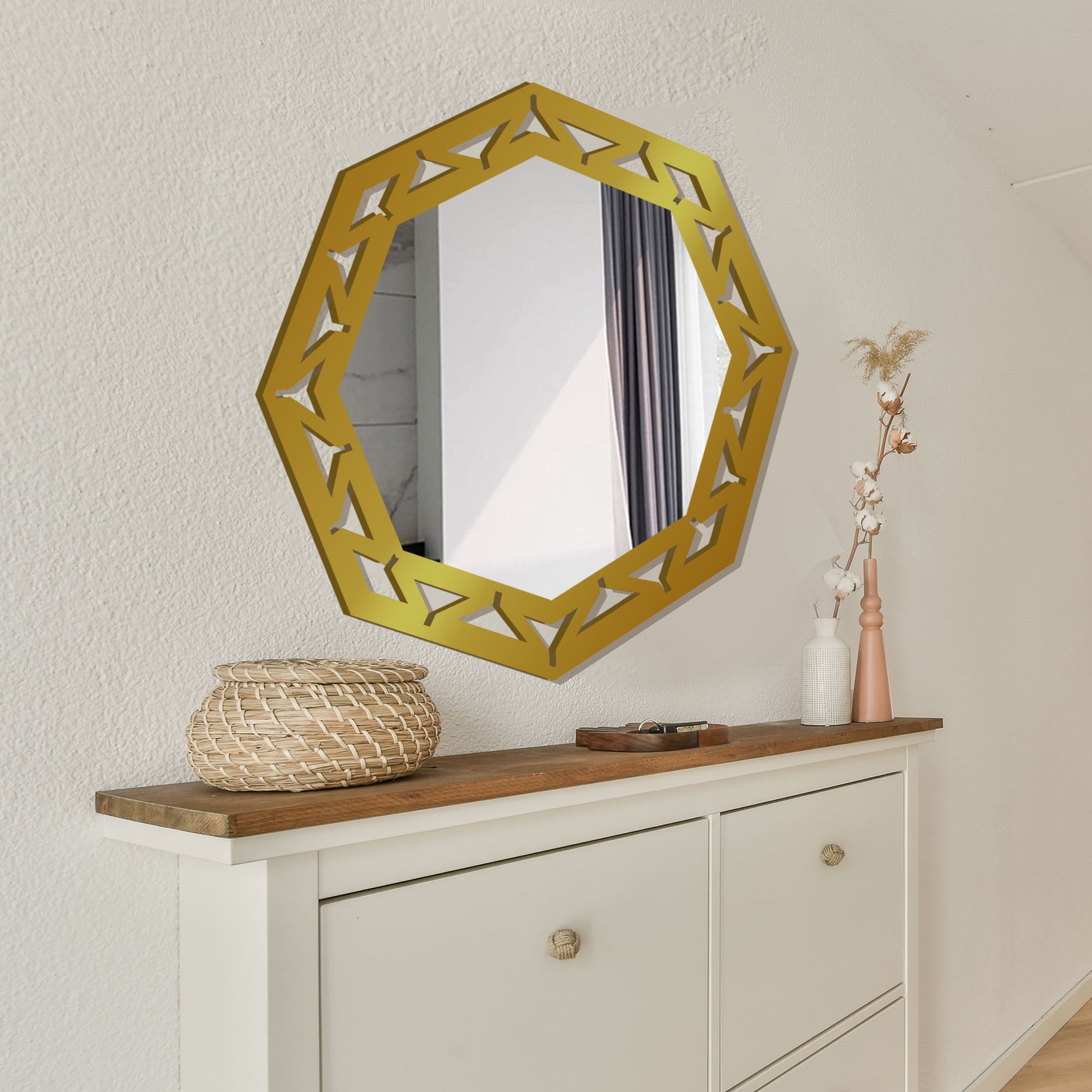 Hexagonal Shape Modern Decorative Wooden Wall Mirror With Gold Texture - Decor Smart