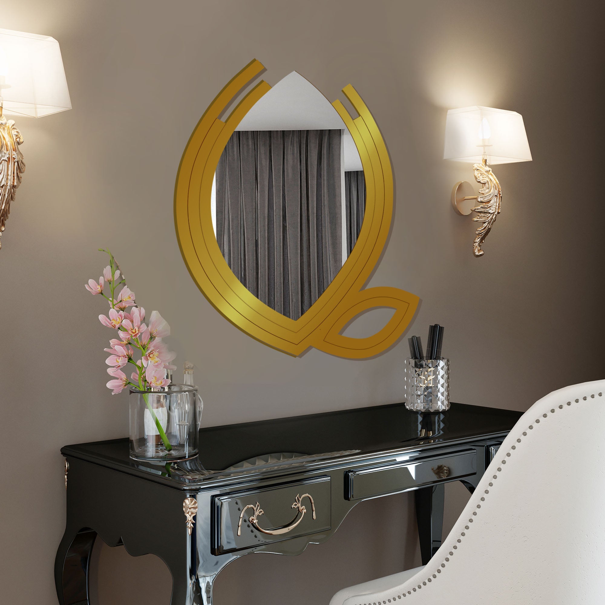Hidden Eye In The Leaf Design Wood Wall Mirror With Gold Texture - Decor Smart