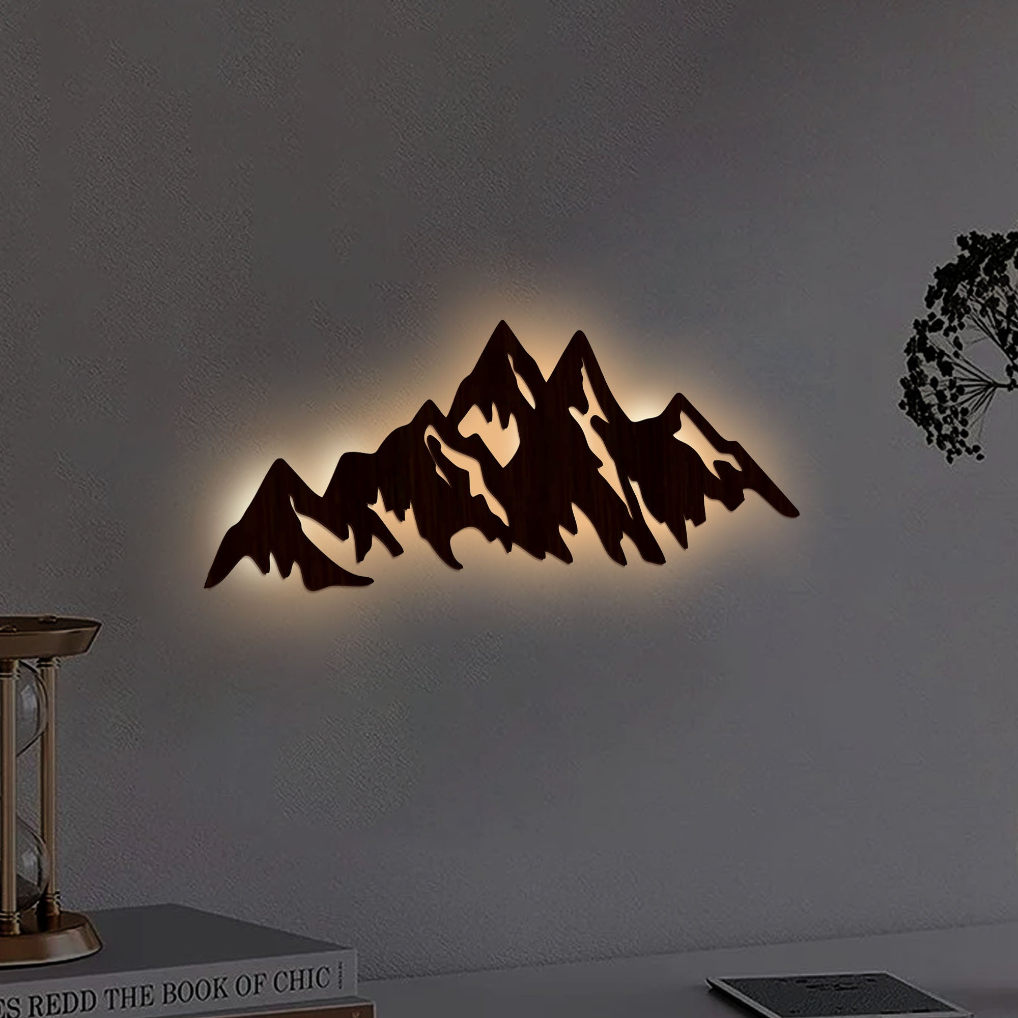 Himalayan Mountain Backlit Wooden Wall Art with LED Night Light Walnut Finish - Decor Smart