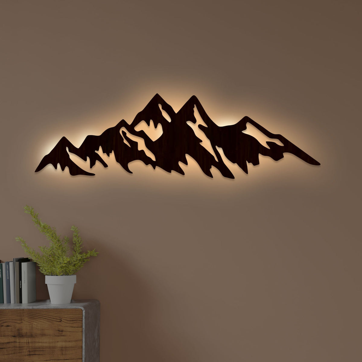 Himalayan Mountain Backlit Wooden Wall Art with LED Night Light Walnut Finish - Decor Smart