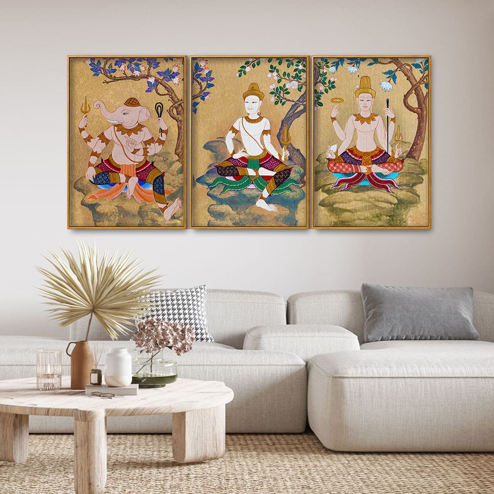 Hindu God Thai Style Art Canvas Floating Canvas Wall Painting Set of Three - Decor Smart