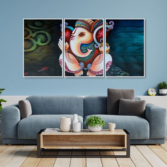 Hindu Lord Ganesha Floating Canvas Wall Painting Set of Three - Decor Smart