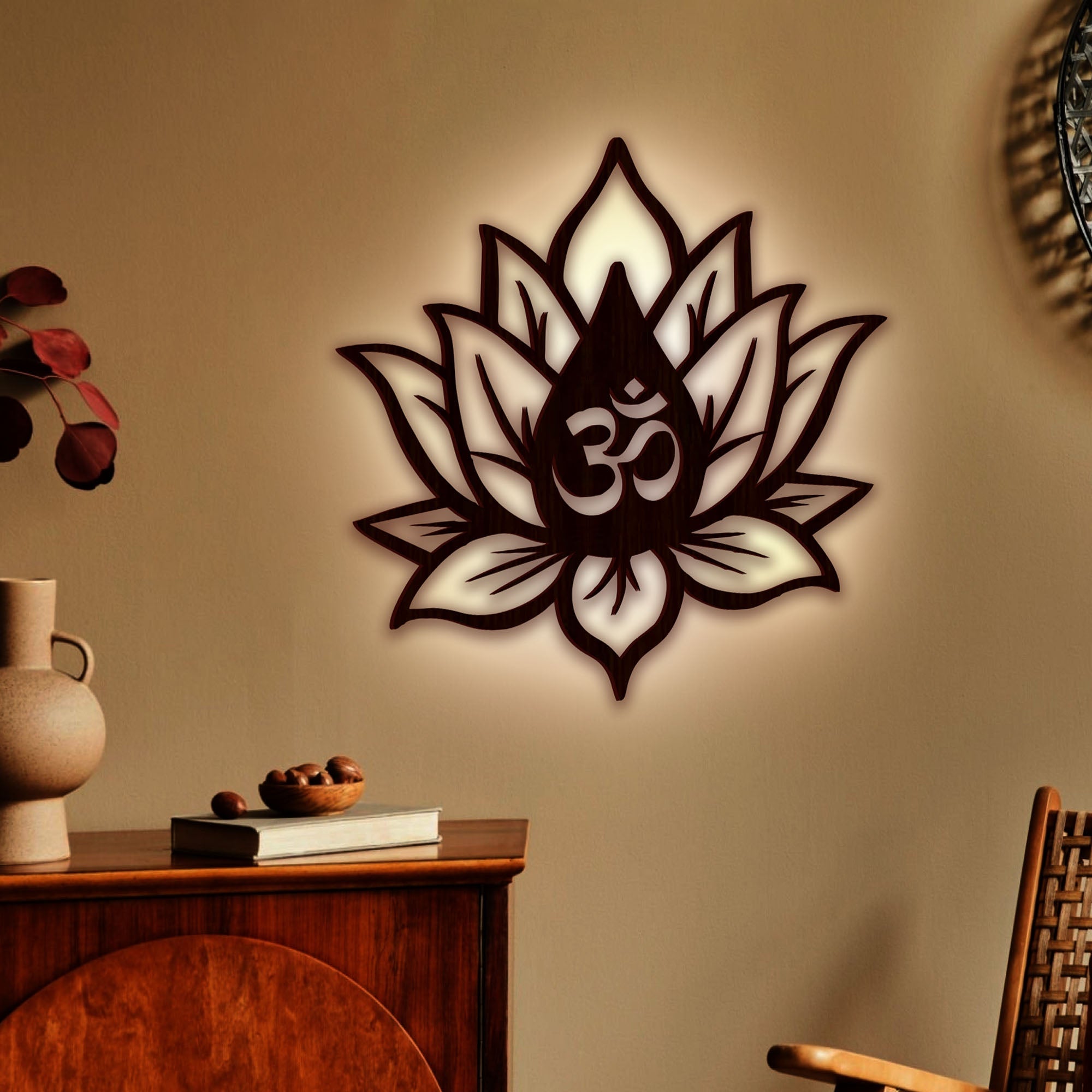 Hindu OM inside Lotus Flower Backlit Wooden Wall Decor with LED Night Light Walnut Finish - Decor Smart