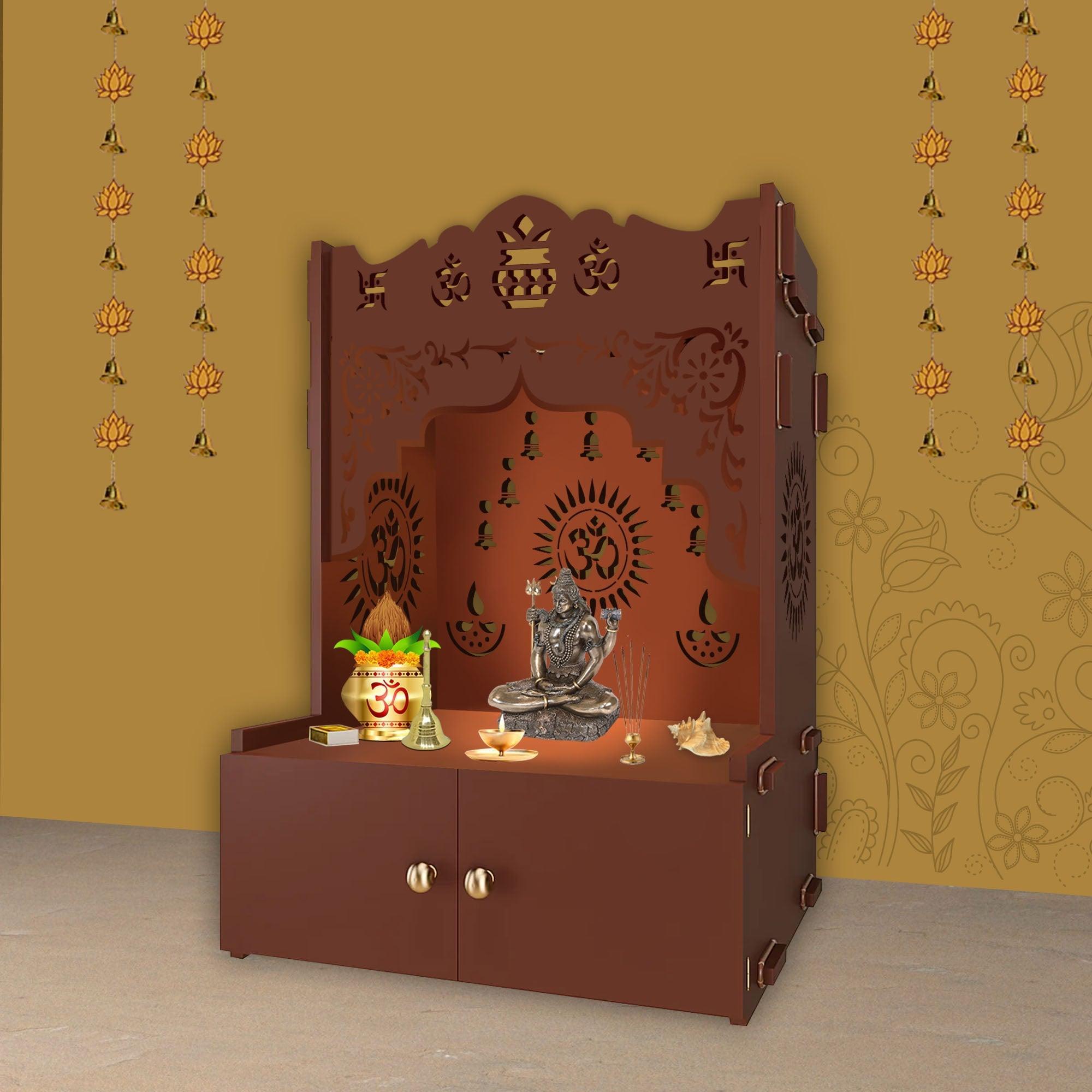 Holy Symbol Om Chakra Floor Temple with Spacious Wooden Shelf & Inbuilt Focus Light - Brown Finish - Decor Smart