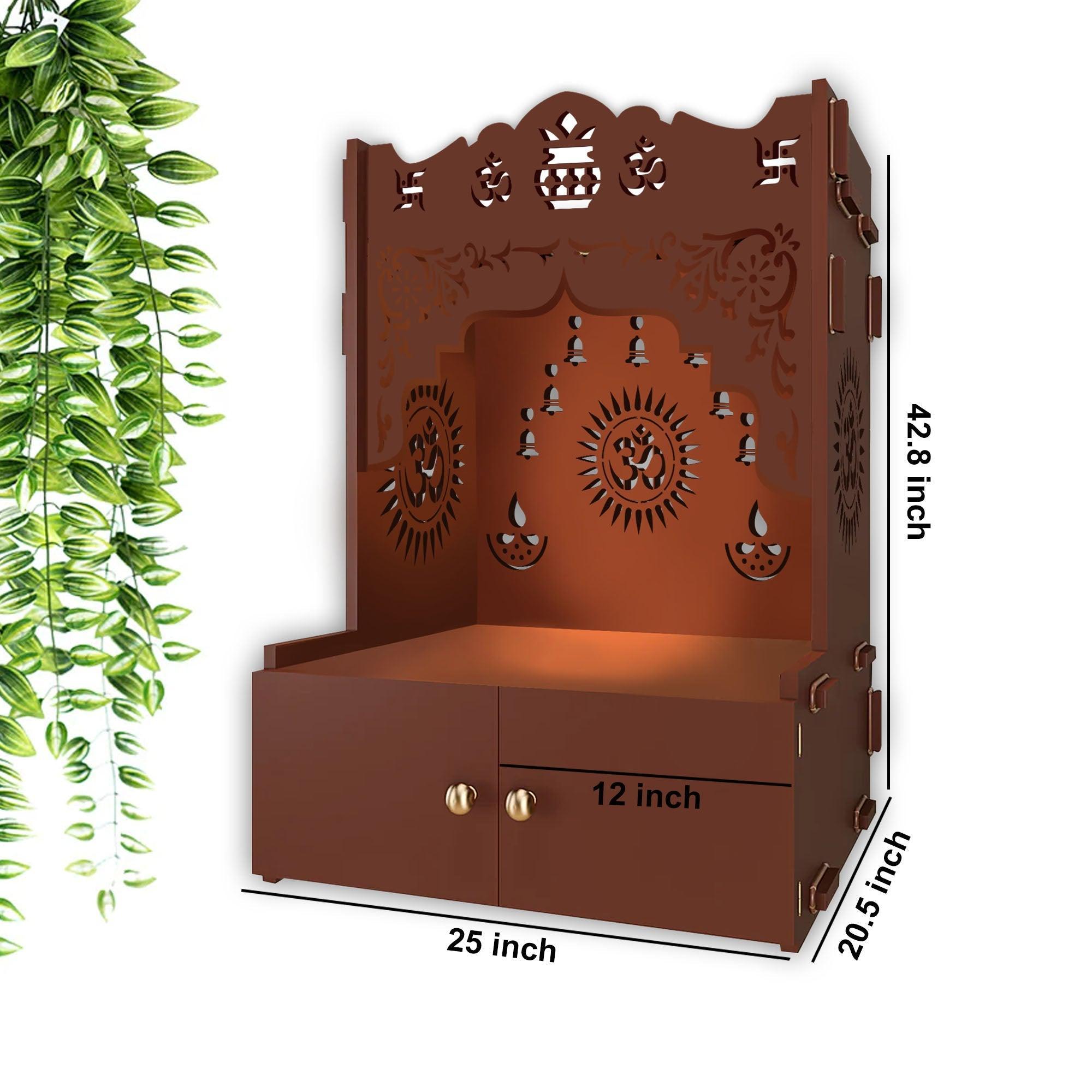 Holy Symbol Om Chakra Floor Temple with Spacious Wooden Shelf & Inbuilt Focus Light - Brown Finish - Decor Smart
