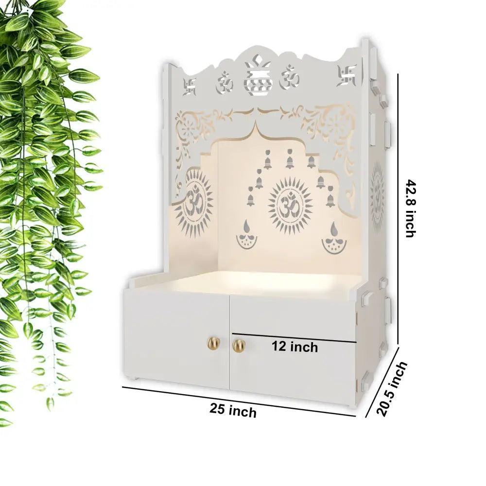 Holy Symbol Om Chakra Floor Temple with Spacious Wooden Shelf & Inbuilt Focus Light - White Finish - Decor Smart