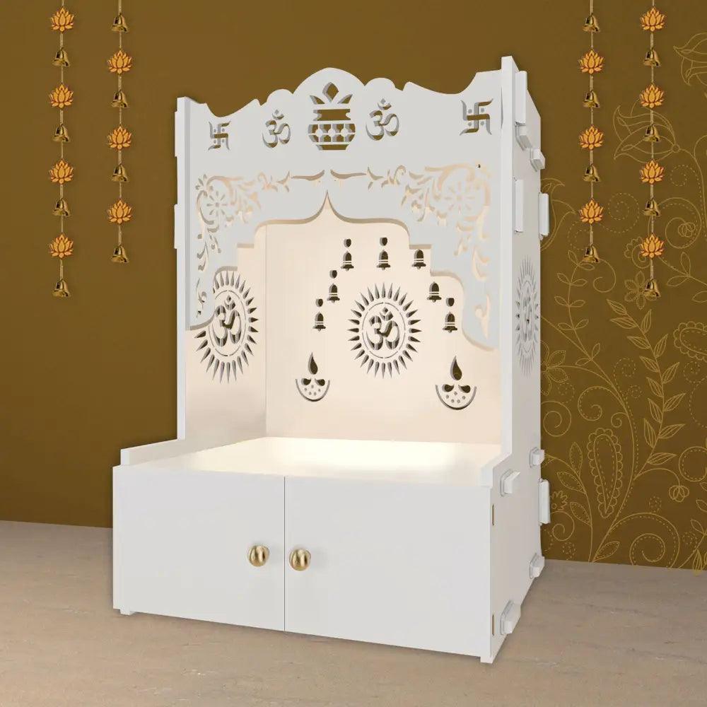 Holy Symbol Om Chakra Floor Temple with Spacious Wooden Shelf & Inbuilt Focus Light - White Finish - Decor Smart