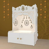 Holy Symbol Om Chakra Floor Temple with Spacious Wooden Shelf & Inbuilt Focus Light - White Finish - Decor Smart