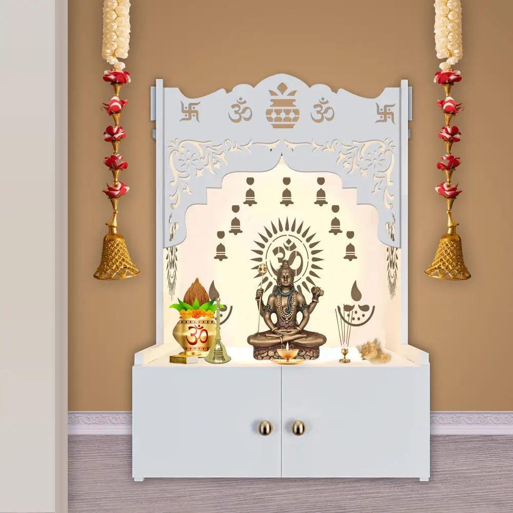 Holy Symbol Om Chakra Floor Temple with Spacious Wooden Shelf & Inbuilt Focus Light - White Finish - Decor Smart