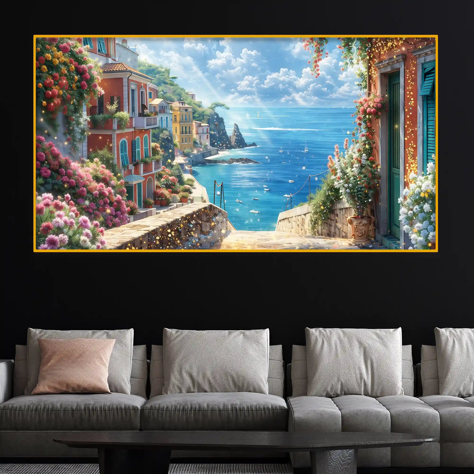 Home Décor Seaside Village Crystal Glass Wall Painting