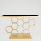 Honeycomb Motif Artistic Golden Finish Metal Console Table - Decor Smart