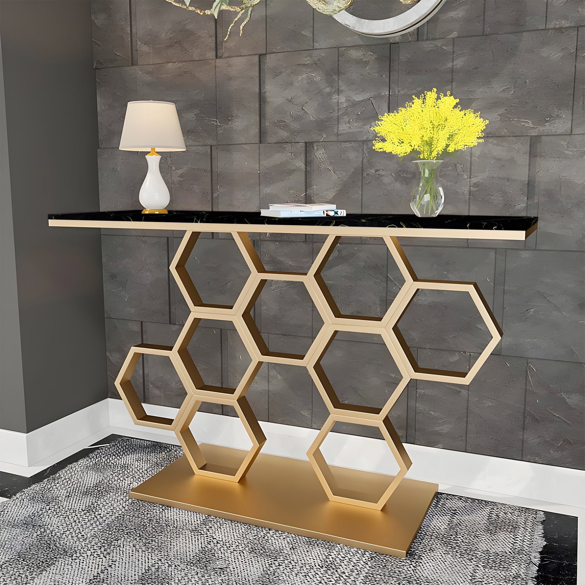 Honeycomb Motif Artistic Golden Finish Metal Console Table - Decor Smart