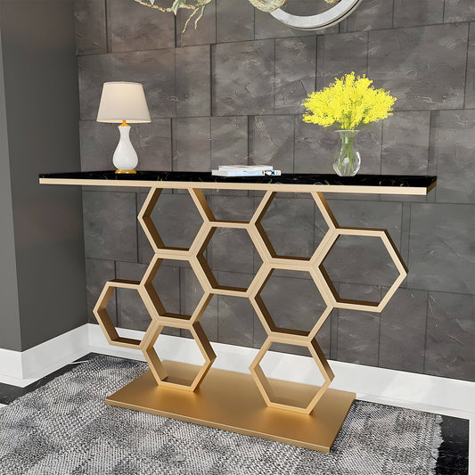 Honeycomb Motif Artistic Golden Finish Metal Console Table - Decor Smart