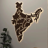 India Map Backlit Wooden Wall Decor with LED Night Light Walnut Finish - Decor Smart