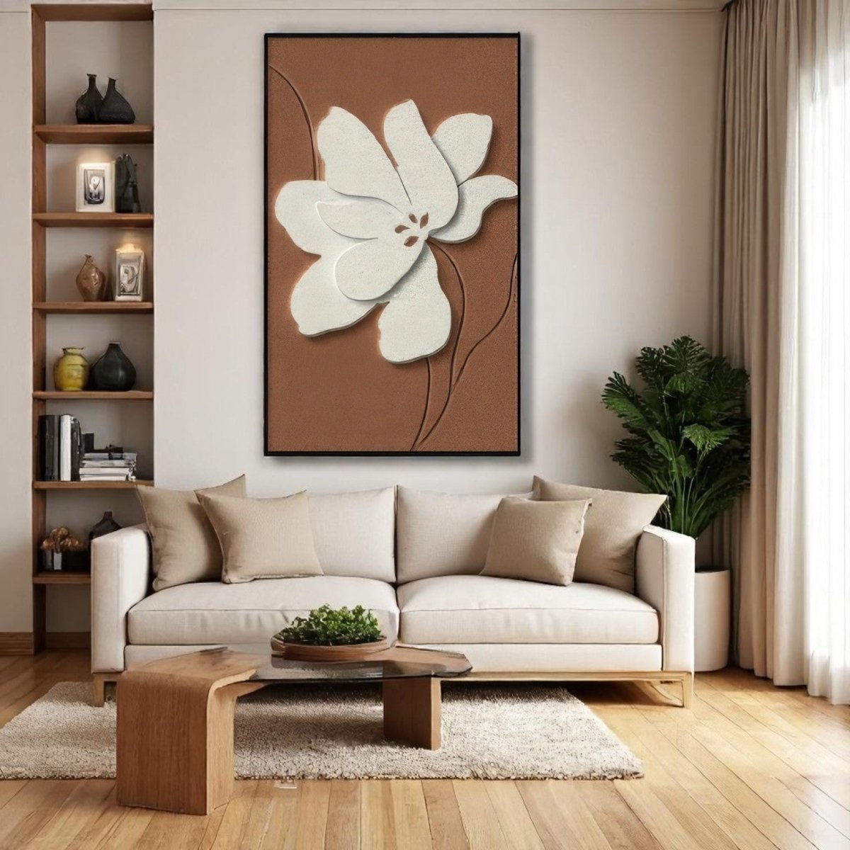 Ivory Flower on Terracotta Relief Frame 3D Wall Art Home Decor