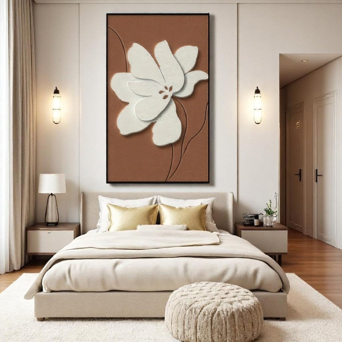 Ivory Flower on Terracotta Relief Frame 3D Wall Art Home Decor
