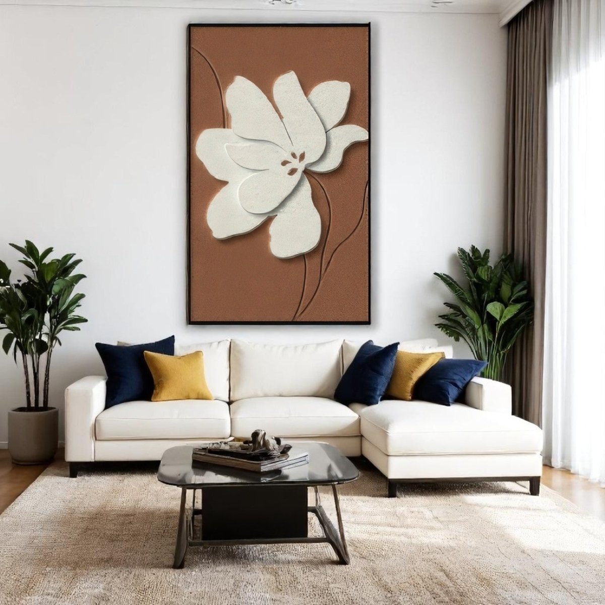 Ivory Flower on Terracotta Relief Frame 3D Wall Art Home Decor