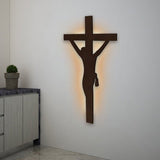 Jesus Crosses Backlit Wooden Wall Hanging with LED Night Light Walnut Finish - Decor Smart