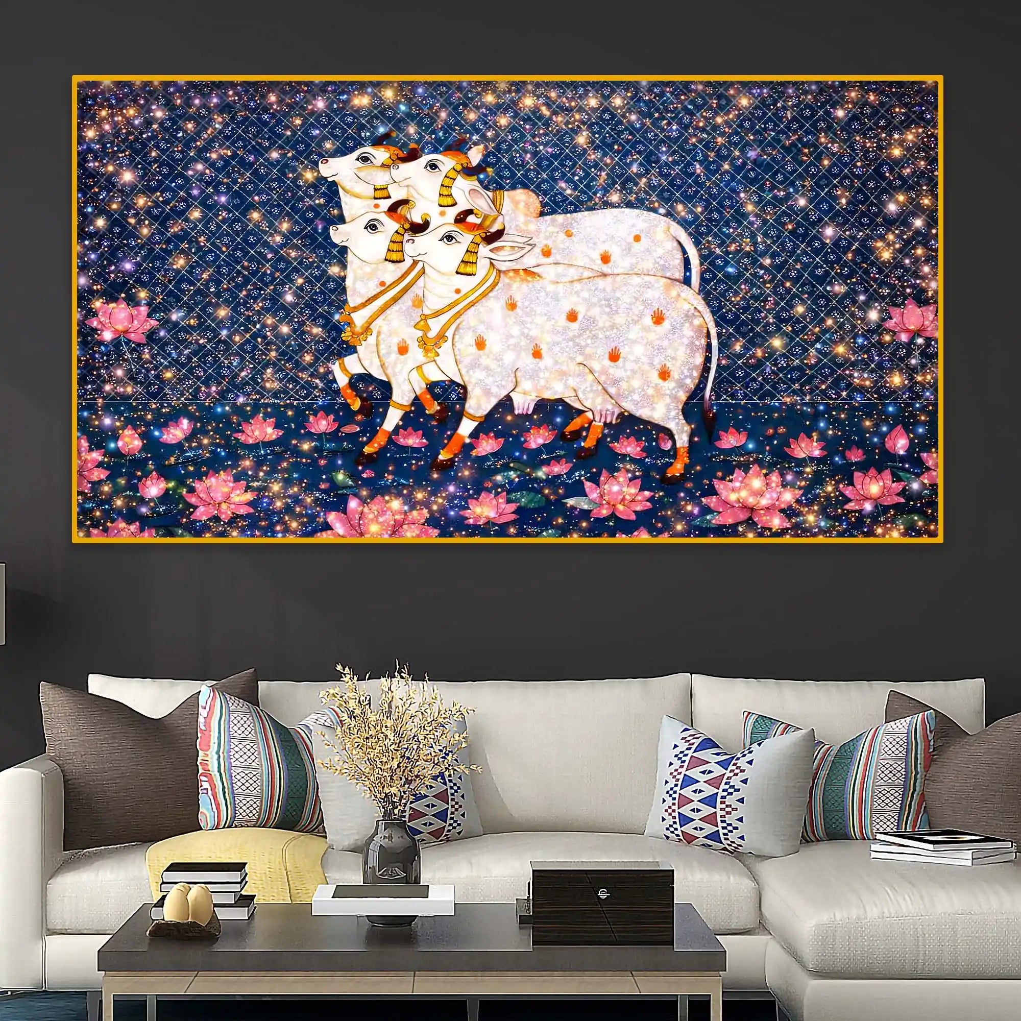 Kamdhenu Cow Premium Crystal Glass Finish Wall Painting