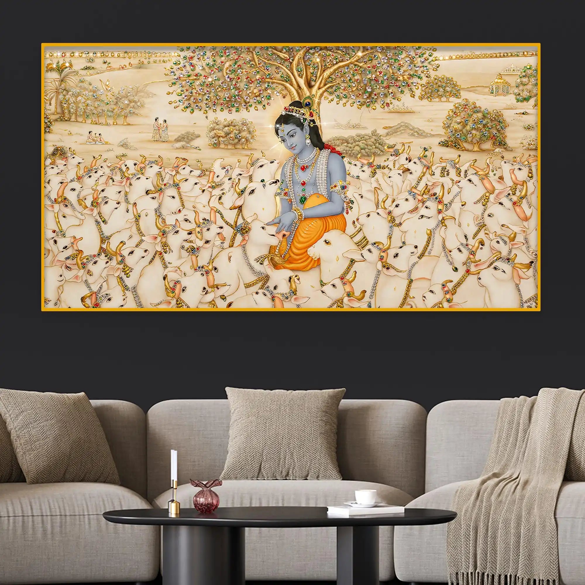 Krishna with Cows Crystal Glass Wall Painting for Premium Decor