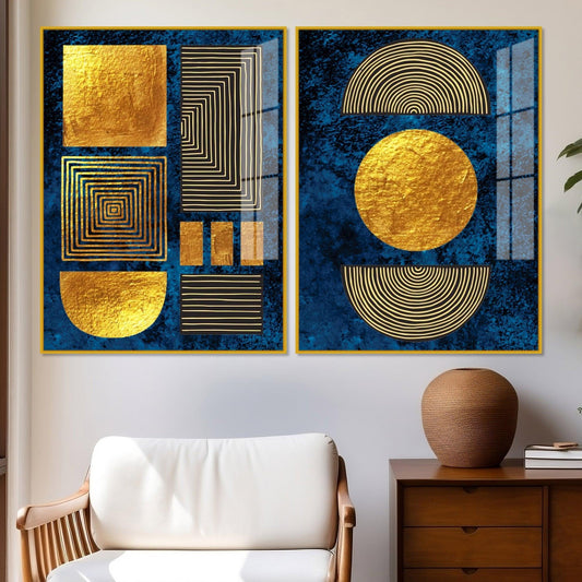 Line Art Golden Shapes Acrylic Floating Wall Painting Set Of 2 - Decor Smart