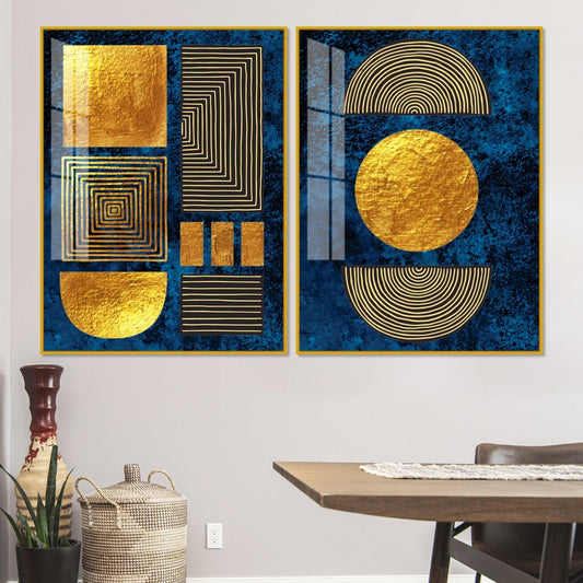 Line Art Golden Shapes Acrylic Floating Wall Painting Set Of 2 - Decor Smart