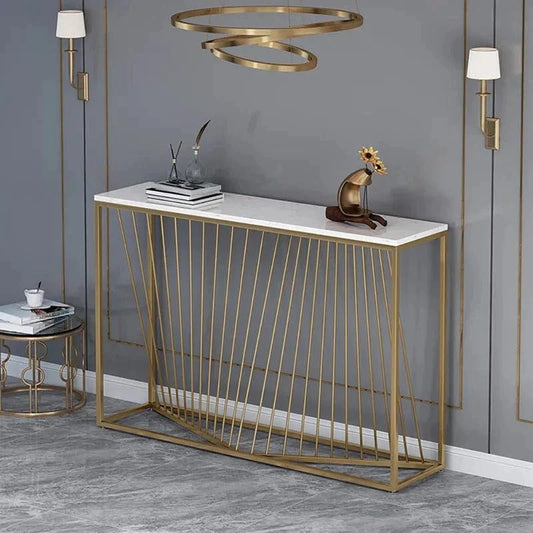 Linear Design Golden Metal Stand Console Marble Table - Decor Smart