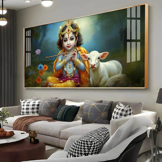 Little Krishna with Bansuri & Cow Premium Acrylic Floating Wall Painting - Decor Smart