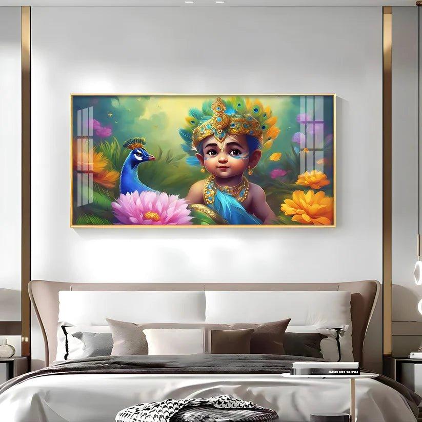 Little Krishna with Peacock Premium Acrylic Floating Wall Painting - Decor Smart