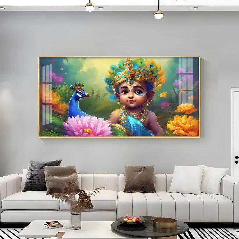 Little Krishna with Peacock Premium Acrylic Floating Wall Painting - Decor Smart