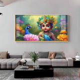 Little Krishna with Peacock Premium Acrylic Floating Wall Painting - Decor Smart