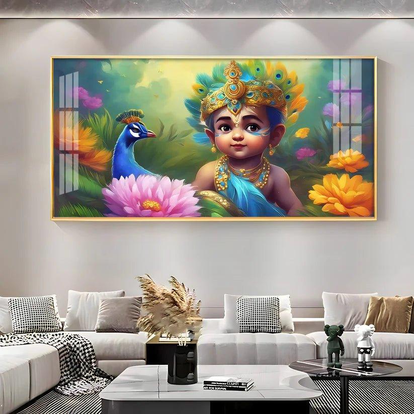 Little Krishna with Peacock Premium Acrylic Floating Wall Painting - Decor Smart