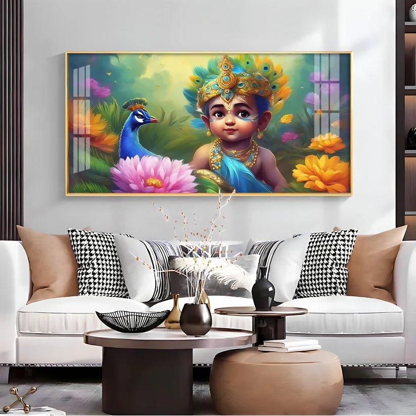 Little Krishna with Peacock Premium Acrylic Floating Wall Painting - Decor Smart