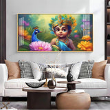 Little Krishna with Peacock Premium Acrylic Floating Wall Painting - Decor Smart