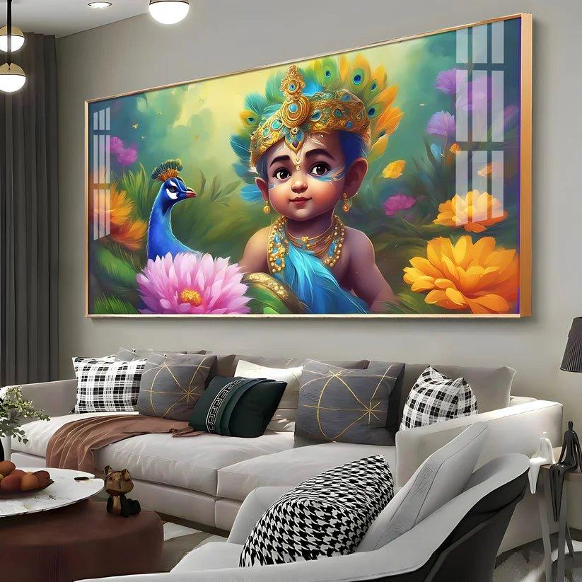 Little Krishna with Peacock Premium Acrylic Floating Wall Painting - Decor Smart