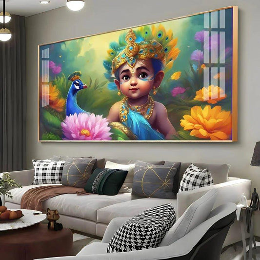 Little Krishna with Peacock Premium Acrylic Floating Wall Painting - Decor Smart
