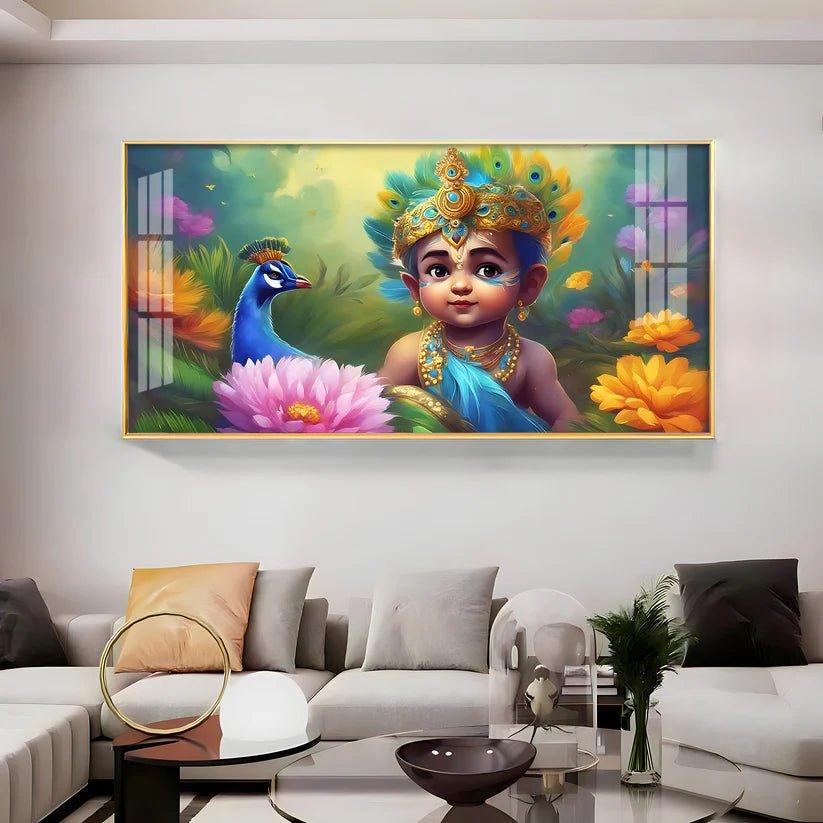 Little Krishna with Peacock Premium Acrylic Floating Wall Painting - Decor Smart