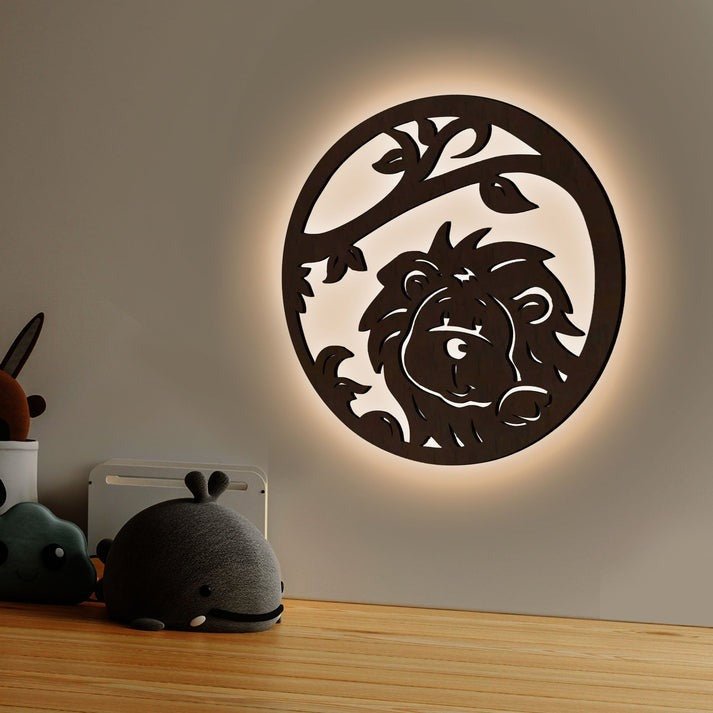 Little Lion Art Backlit Wooden Wall Decor with LED Night Light Walnut Finish - Decor Smart