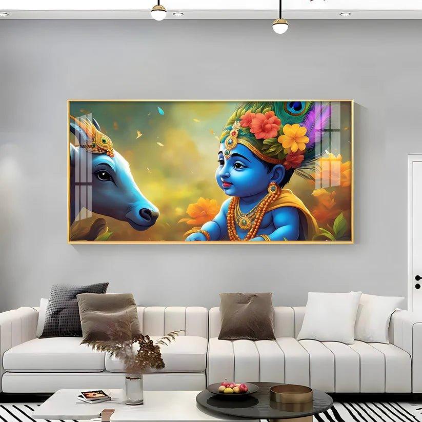 Little Lord Krishna & Cow Smiling Premium Acrylic Floating Wall Painting - Decor Smart