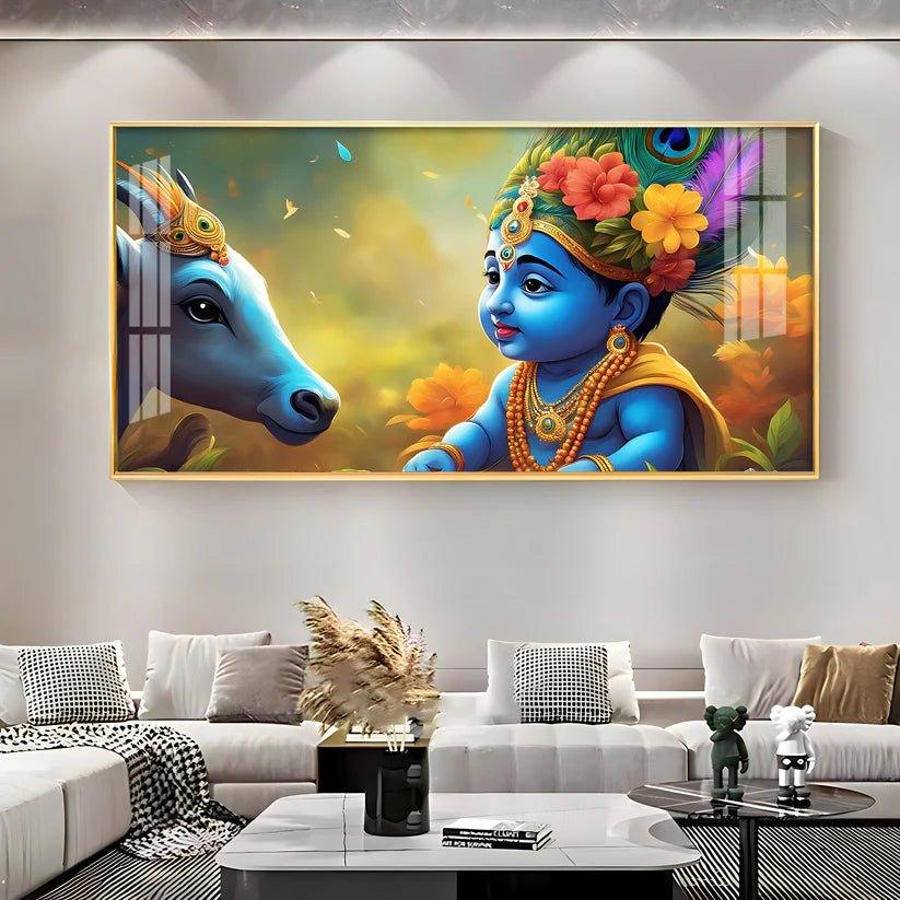 Little Lord Krishna & Cow Smiling Premium Acrylic Floating Wall Painting - Decor Smart