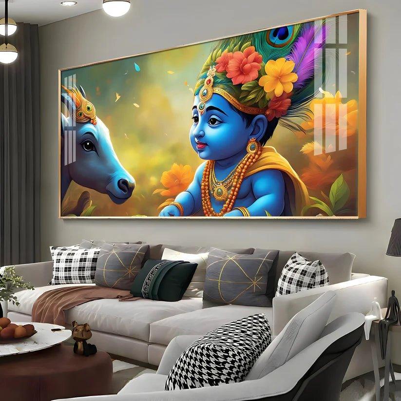 Little Lord Krishna & Cow Smiling Premium Acrylic Floating Wall Painting - Decor Smart