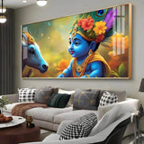Little Lord Krishna & Cow Smiling Premium Acrylic Floating Wall Painting - Decor Smart