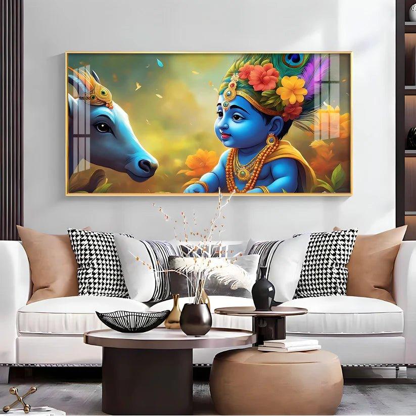 Little Lord Krishna & Cow Smiling Premium Acrylic Floating Wall Painting - Decor Smart