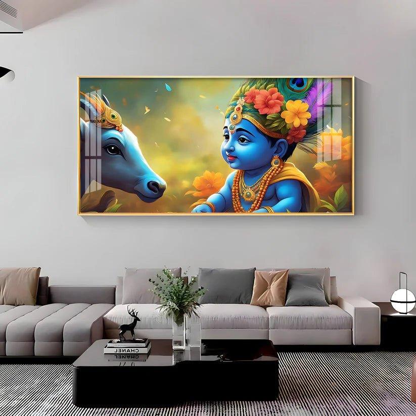 Little Lord Krishna & Cow Smiling Premium Acrylic Floating Wall Painting - Decor Smart