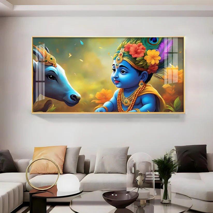 Little Lord Krishna & Cow Smiling Premium Acrylic Floating Wall Painting - Decor Smart