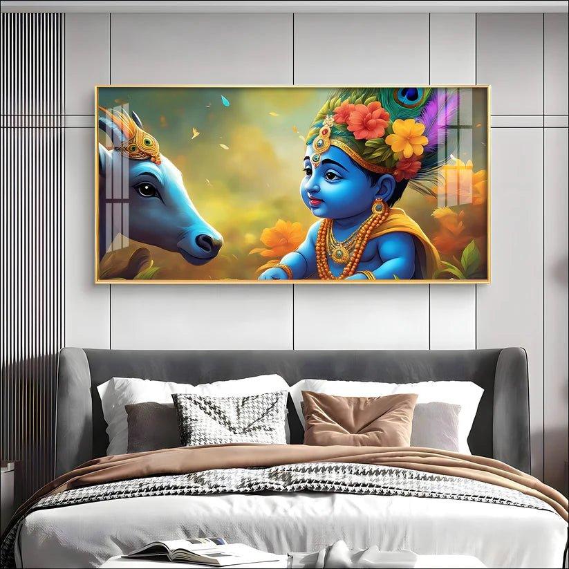 Little Lord Krishna & Cow Smiling Premium Acrylic Floating Wall Painting - Decor Smart