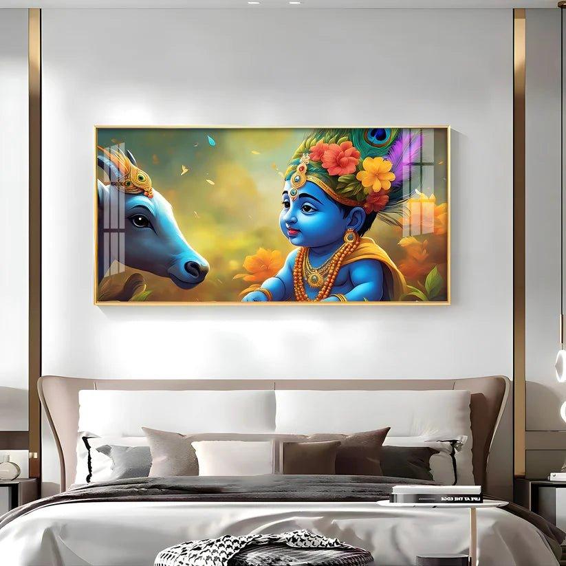 Little Lord Krishna & Cow Smiling Premium Acrylic Floating Wall Painting - Decor Smart