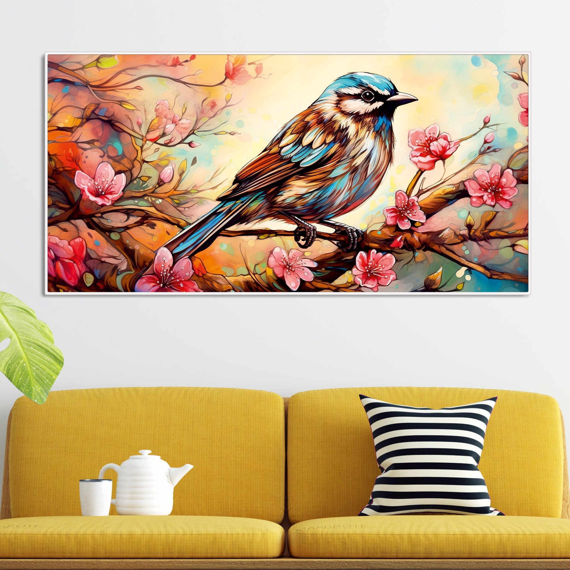 Little Sparrow with bright colored Flower Canvas Wall Painting - Decor Smart