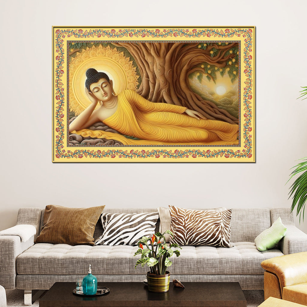 Lord Buddha in Reclining Posture Floral Border Canvas Wall Painting